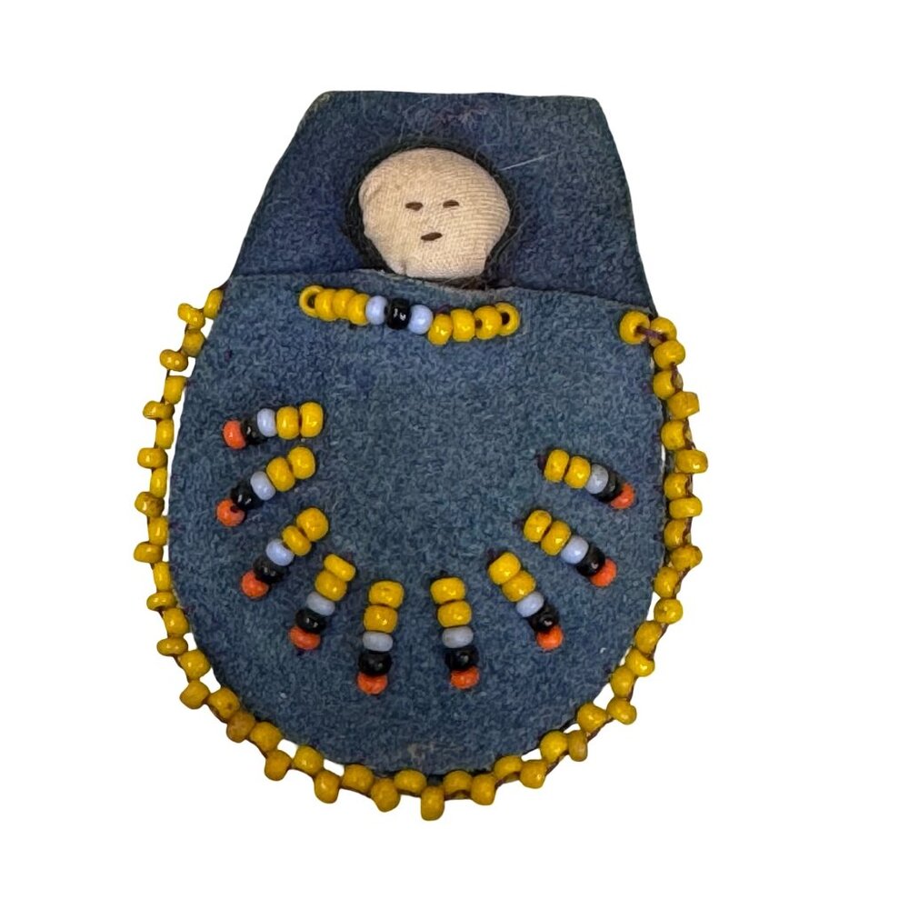 Vintage Native American Handcrafted Beaded Felt Doll In Papoose Artisan Mini 2"